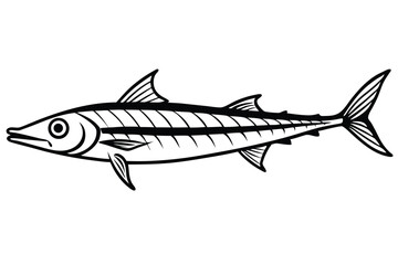 Detailed Black and White Line Art Illustration of a Barracuda Fish with Distinctive Fins
