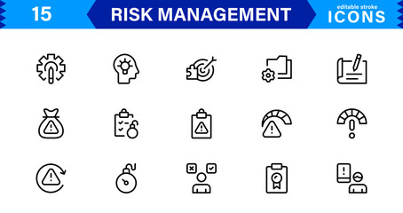 Professional Risk Management Icons Covering Danger, Planning, Assessment, Caution, and Prevention Concepts with a Minimal Clean Design