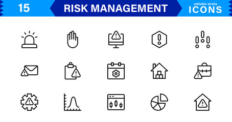 Professional Risk Management Icons Covering Danger, Planning, Assessment, Caution, and Prevention Concepts with a Minimal Clean Design