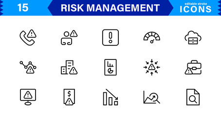 Professional Risk Management Icons Covering Danger, Planning, Assessment, Caution, and Prevention Concepts with a Minimal Clean Design