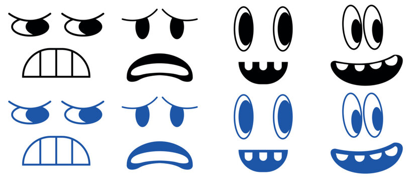 Cartoon Expression Faces Set. Funny and Emotional Character Eyes and Mouths Vector Icons.