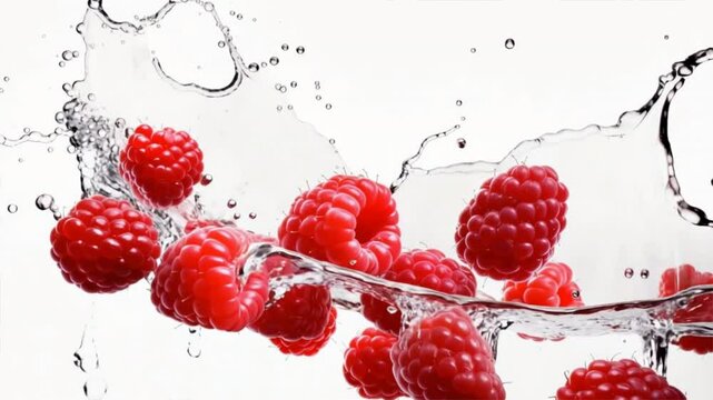 Fresh raspberries splashing in water, showcasing vibrant colors and juicy texture, perfect for health and nutrition themes.