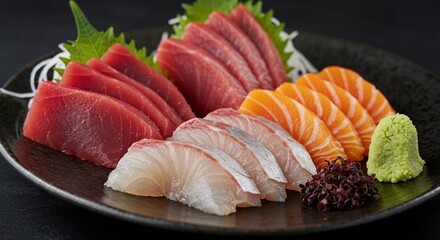 Fresh sashimi platter featuring neatly arranged slices of tuna, salmon, and white fish served with wasabi, greens, and garnishes on a dark ceramic plate.