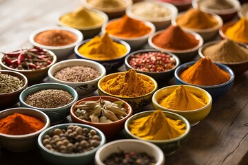 Colorful spices in bowls wooden background