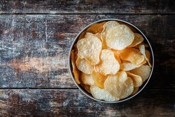 Delicious potato chips in a metal tin rustic kitchen setting food photography natural light close-up view snack indulgence