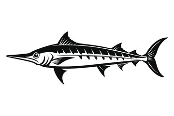 Striking Black and White Illustration of a Marlin with Distinctive Fins and Tail