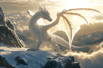 Majestic White Dragon on a Snowy Mountain Summit
