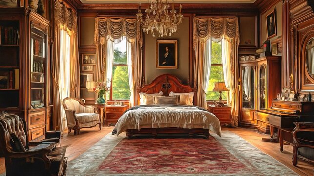An antique style bedroom with ornate wooden furniture vintage chandeliers and rich fabrics evoking timeless elegance and charm interior