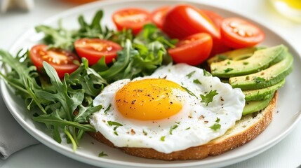 Avocado Toast with Fried Egg, Arugula, and Tomato on White Plate