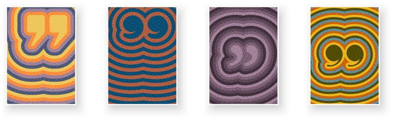 Set of four retro quotation mark designs with wavy striped textures. Vector illustration in bold, vivid color schemes.