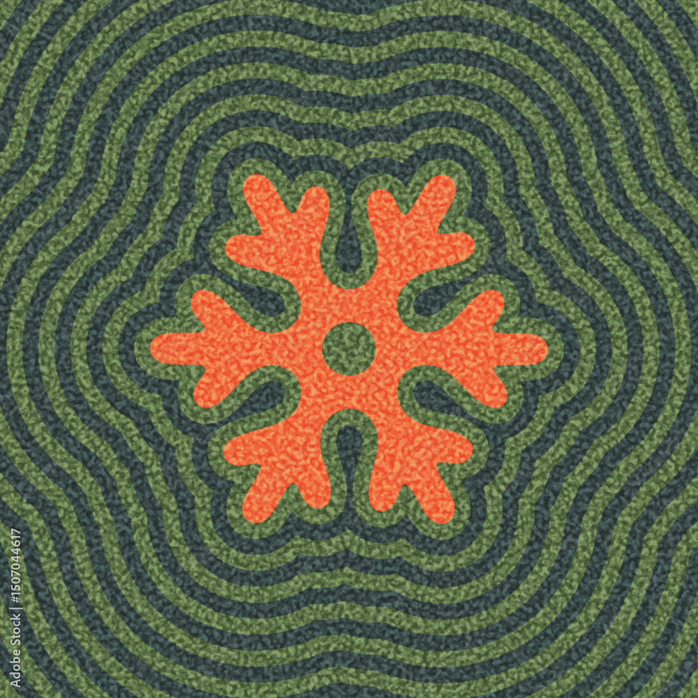 Poster stylized red snowflake centered in concentric green wavy lines with a textured retro aesthetic. vect