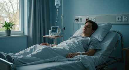 Young man resting in hospital bed with IV drip in calm room  