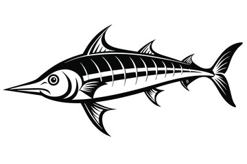 Black and White Marlin Fish Illustration with Sharp Bill and Streamlined Body Style