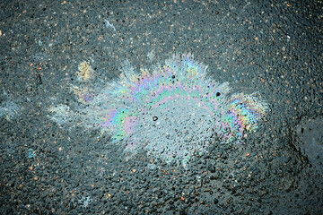 The multicolored gasoline stain creating an iridescent sheen on the wet asphalt creates an abstract pattern
