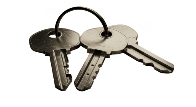 Isolated Silver Metallic Keys For Security Access on Transparent Background