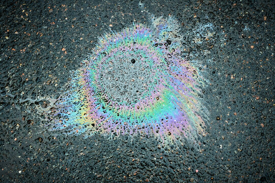 Gasoline or oil spill creates rainbow sheen on wet asphalt road surface