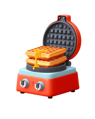 Delicious Golden Waffles Fresh From a Red Waffle Maker with Dripping Syrup
