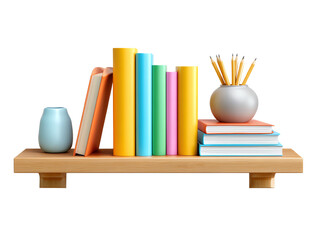 Colorful Books and Pencils on Wooden Shelf Home Office Organization
