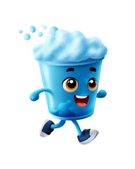 Happy Blue Cup Character Running with Foam Fun Cartoon Illustration