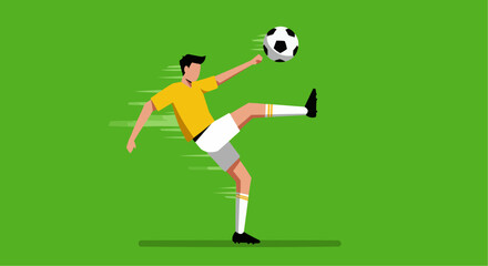 Obraz premium Green soccer player in action, kicking the ball on the field during a competitive game