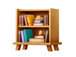 Wooden Bookshelf with Colorful Books and Cup Home Library Decor