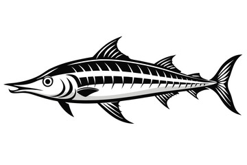 Illustrated Black and White Barracuda Fish Profile with Sharp Teeth and Prominent Fins