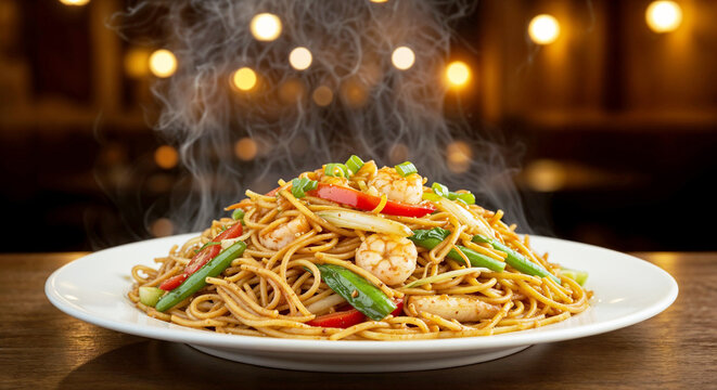 Steaming plate of pancit with shrimp and vegetables in restaurant setting  