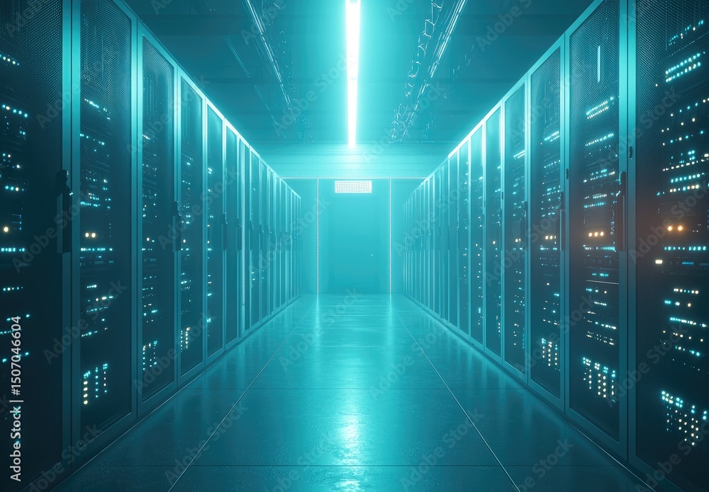 Fototapete bright futuristic server room with glowing cyan-blue lighting and symmetrical server racks. suitable