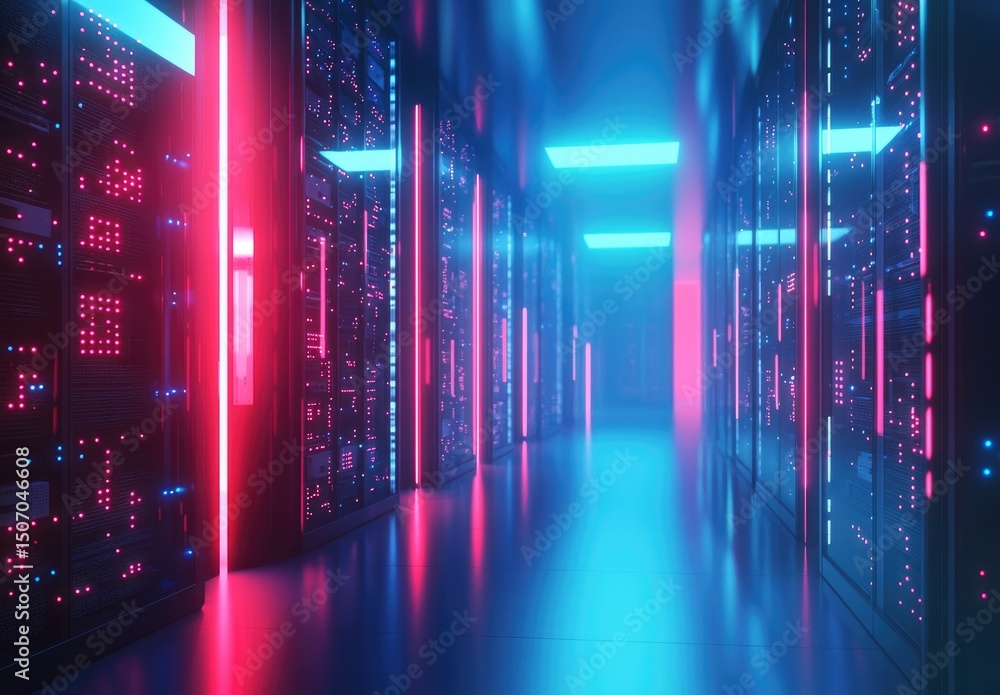 Fototapete 3d rendering of glowing blue and pink-lit servers in a futuristic data center corridor. great for te