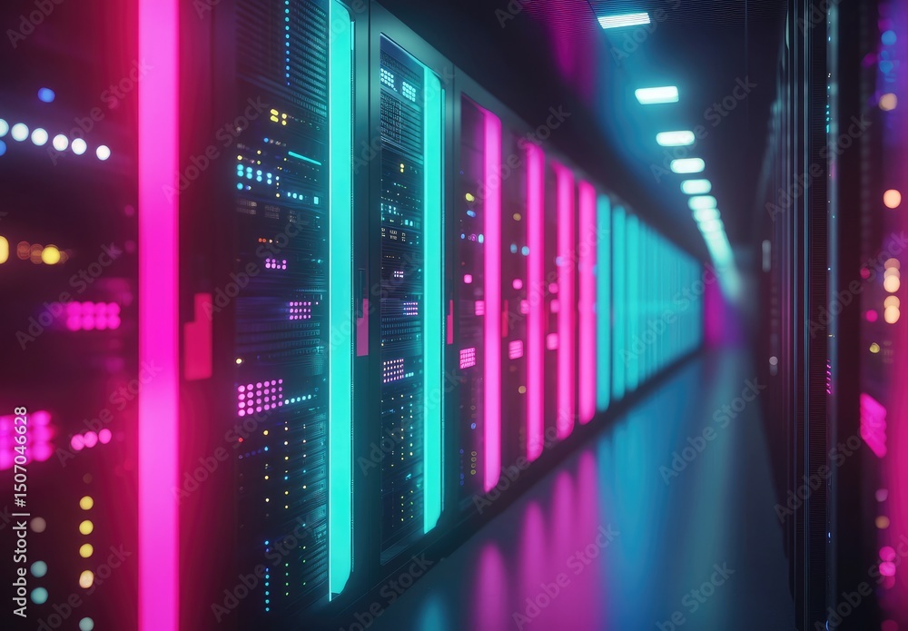 Fototapete colorful futuristic data center with vibrant pink and cyan lighting along symmetrical server racks. 
