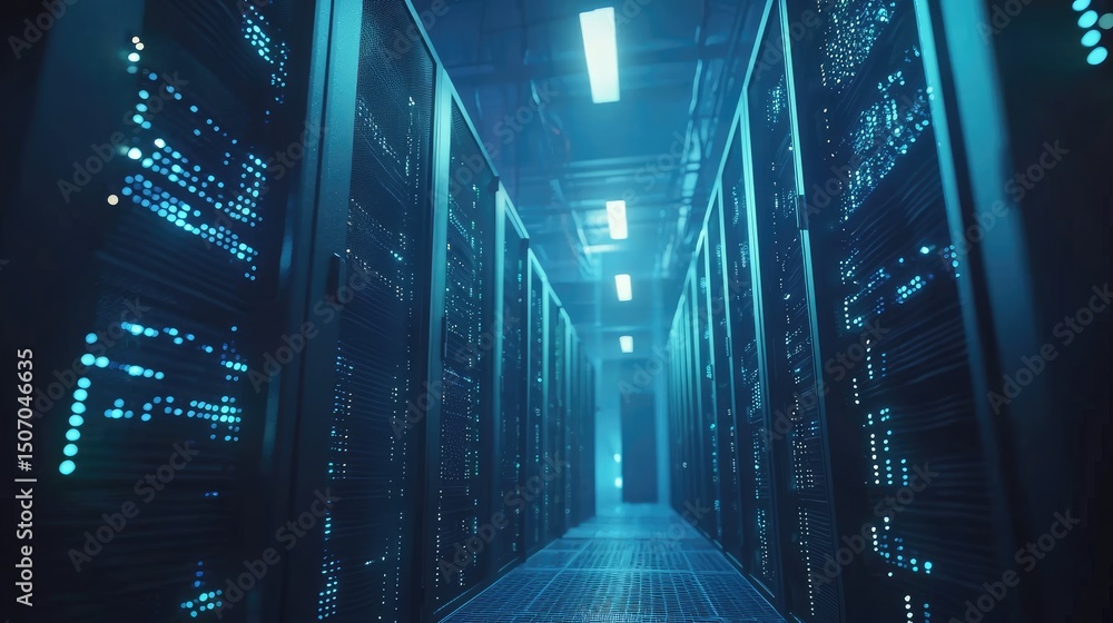 Leinwandbilder server corridor with blue glowing indicators and industrial lighting in a dark data center. great fo