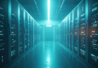 Bright futuristic server room with glowing cyan-blue lighting and symmetrical server racks. Suitable for IT infrastructure, cloud data storage, cybersecurity, and network technology themes