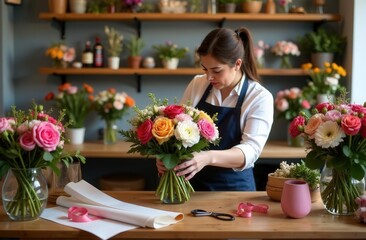 Flower arrangement workshop featuring a florist creating beautiful bouquets in a vibrant shop filled with fresh blooms during daytime hours