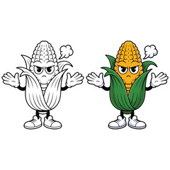 Food Corn character cartoon mascot suitable for diet food health and business, black outline silhouette, art
