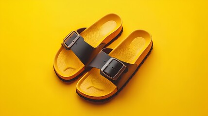 A pair of sandals in yellow with an old sandal holder