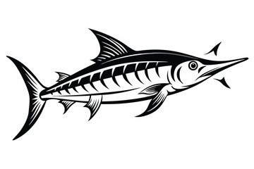 Striking Black and White Illustration of a Detailed Marlin Fish With Sharp Bill and Fins