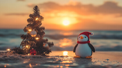 Plush penguin near a Christmas tree on a beach at sunset