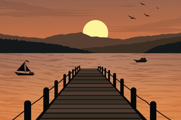 Obraz premium Beautiful Evening Landscape with Lakeside Wooden Pier at Sunset, Silhouetted Sailboats, Distant Hills, Flying Birds, and Glowing Orange Sky. Tranquil Nature Background Illustration