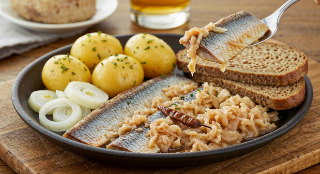 Traditional surstr&ouml;mming dish with potatoes, bread, and onions