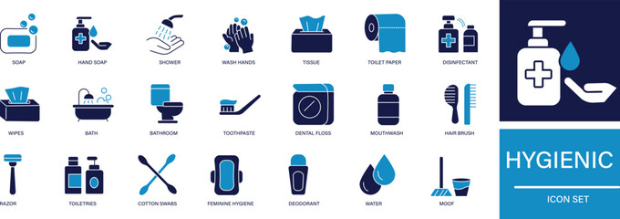 Hygienic Icon Set Cleanliness, Sanitation, , clean, hand wash, sanitizer, mask, soap and Personal Hygiene Symbols
