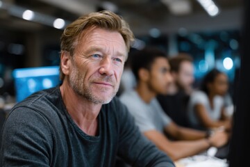 A distinguished mature man with a thoughtful expression closely observes colleagues at work, exhibiting wisdom and leadership in a collaborative office space filled with energy.