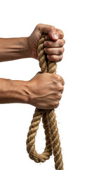 Hands Holding Tightly a Braided Rope with Black Isolated Background