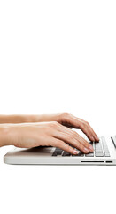 Hands Typing On A White Laptop Keyboard With Transparent Background