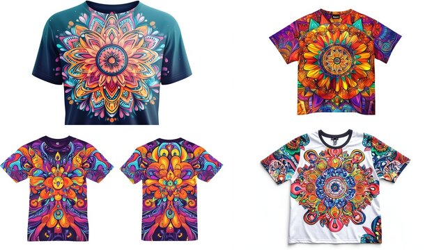 Four colorful graphic tee shirts with vibrant mandala designs