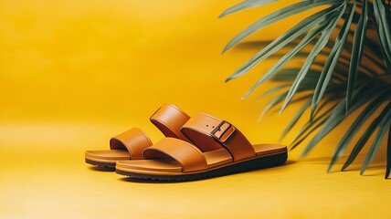 Old sandals on a yellow background with leaves beside them