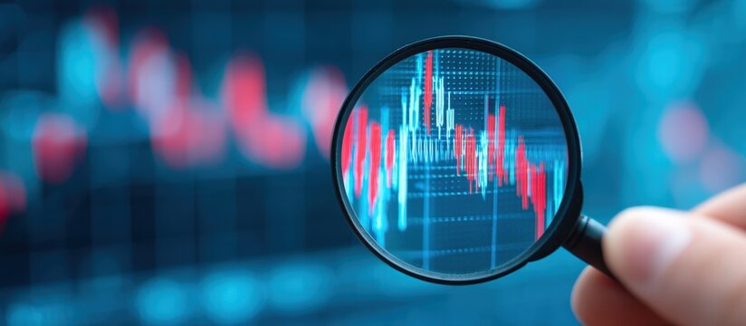 A magnifying glass focuses on a digital financial chart with fluctuating red and blue candlesticks, symbolizing market analysis and data scrutiny.