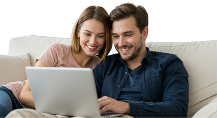 Happy Couple Laughing Together With Laptop On Sofa Transparent PNG