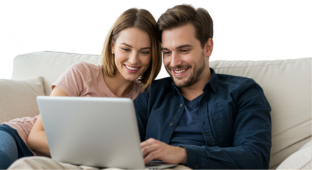 Happy Couple Laughing Together With Laptop On Sofa Transparent PNG
