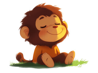 Cute smiling monkey character sitting on grass, exuding joyful and relaxed expression. cartoonish design features soft fur and cheerful demeanor, perfect for children illustrations