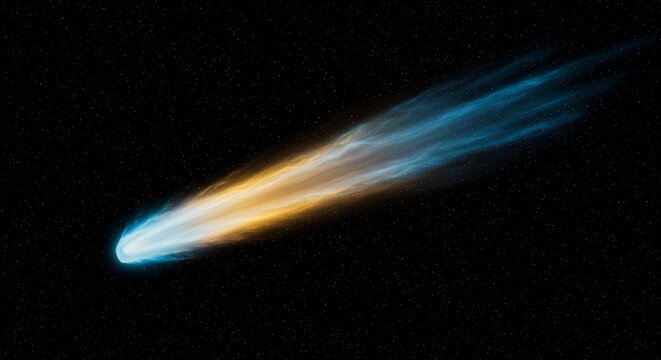 Fototapeta Colorful comet in space with tail of light and stars in the dark universe background image stock photo